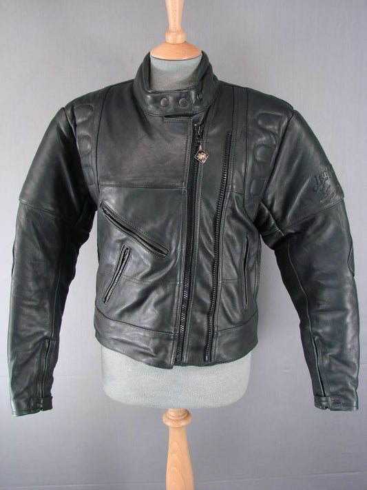 CLASSIC BUFFALO BLACK LEATHER BIKER JACKET WITH REMOVABLE BACK PROTECTOR SIZE 14