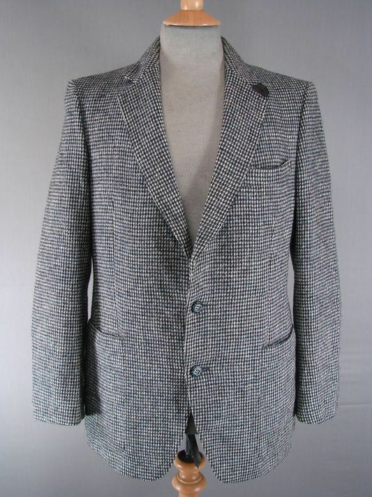 CLASSIC HANDWOVEN PURE WOOL SUEDE TRIMMED GREY HARRIS TWEED JACKET 40 INCH