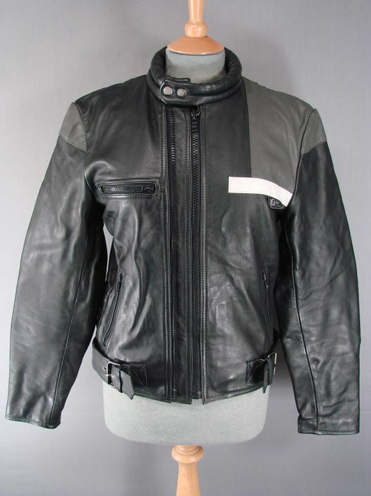 CLASSIC VINTAGE 1980's SKINNYFIT BLACK, GREY & WHITE LEATHER BIKER JACKET 36INCH