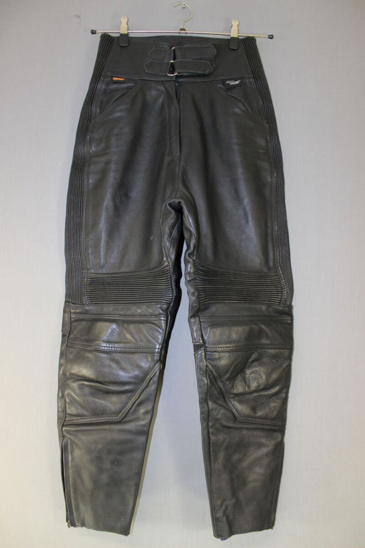 BRITISH MADE GEAR BLACK LEATHER BIKER TROUSERS SIZE 14: WAIST 28/INSIDE LEG 27IN