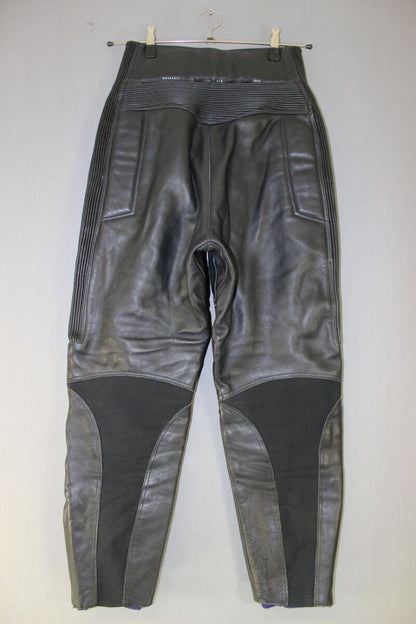 BRITISH MADE GEAR BLACK LEATHER BIKER TROUSERS SIZE 14: WAIST 28/INSIDE LEG 27IN