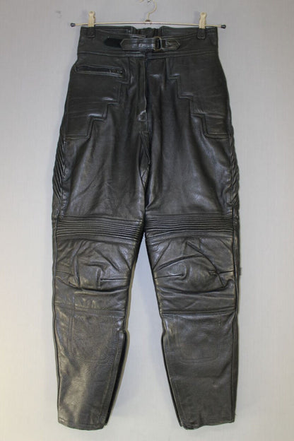 BLACK J&S LEATHER BIKER TROUSERS SIZE 12 - WAIST 26 INCHES/INSIDE LEG 26 INCHES