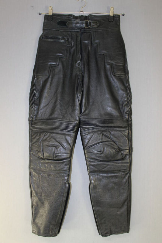 BLACK J&S LEATHER BIKER TROUSERS SIZE 12 - WAIST 26 INCHES/INSIDE LEG 26 INCHES