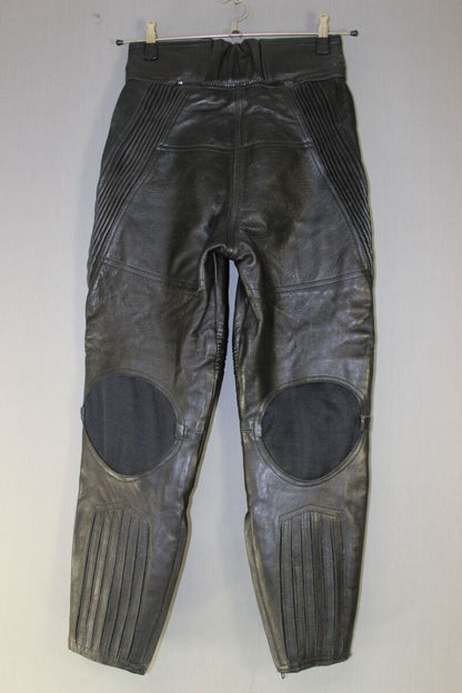 BLACK J&S LEATHER BIKER TROUSERS SIZE 12 - WAIST 26 INCHES/INSIDE LEG 26 INCHES