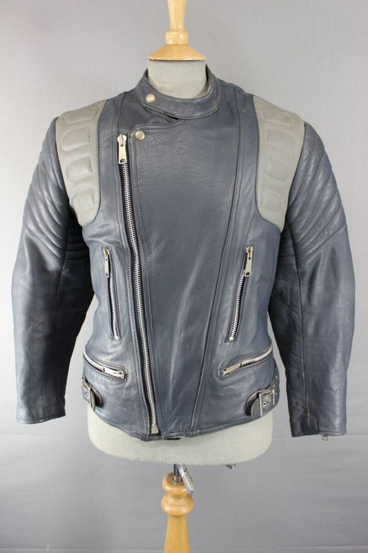 CLASSIC VINTAGE 1970's DARK & LIGHT GREY COWHIDE LEATHER BIKER JACKET 38 INCH