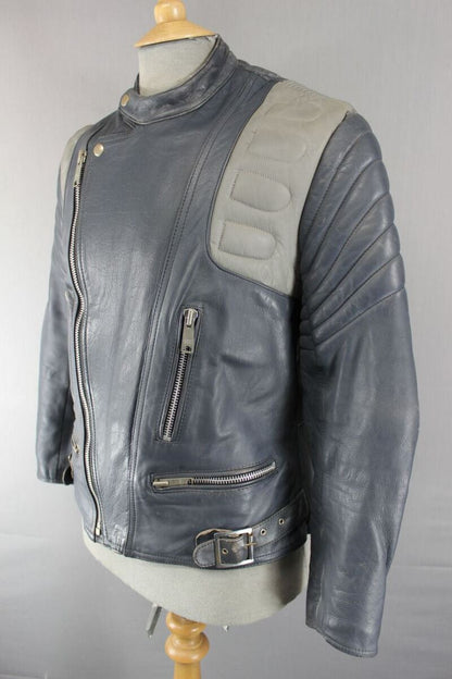 CLASSIC VINTAGE 1970's DARK & LIGHT GREY COWHIDE LEATHER BIKER JACKET 38 INCH