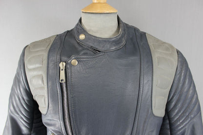 CLASSIC VINTAGE 1970's DARK & LIGHT GREY COWHIDE LEATHER BIKER JACKET 38 INCH