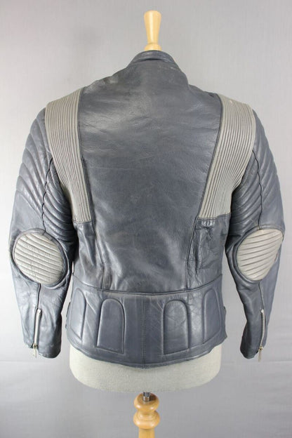 CLASSIC VINTAGE 1970's DARK & LIGHT GREY COWHIDE LEATHER BIKER JACKET 38 INCH