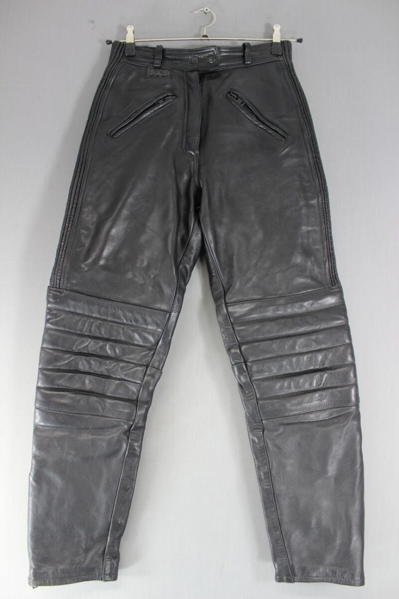 JTS BLACK LEATHER BIKER TROUSERS SIZE 12 - WAIST 28 INCHES/INSIDE LEG 30 INCHES