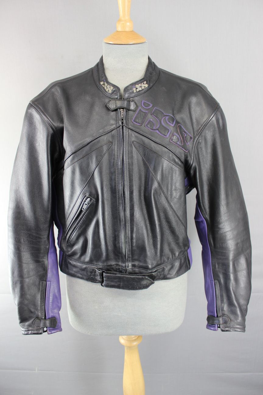 IXS BLACK & PURPLE LEATHER BIKER JACKET WITH REMOVABLE ARMOUR 40 INCH