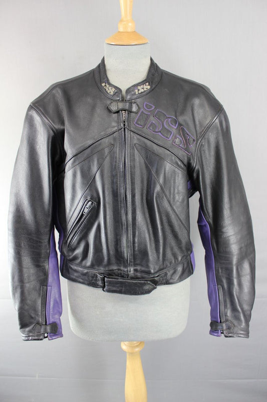 IXS BLACK & PURPLE LEATHER BIKER JACKET WITH REMOVABLE ARMOUR 40 INCH