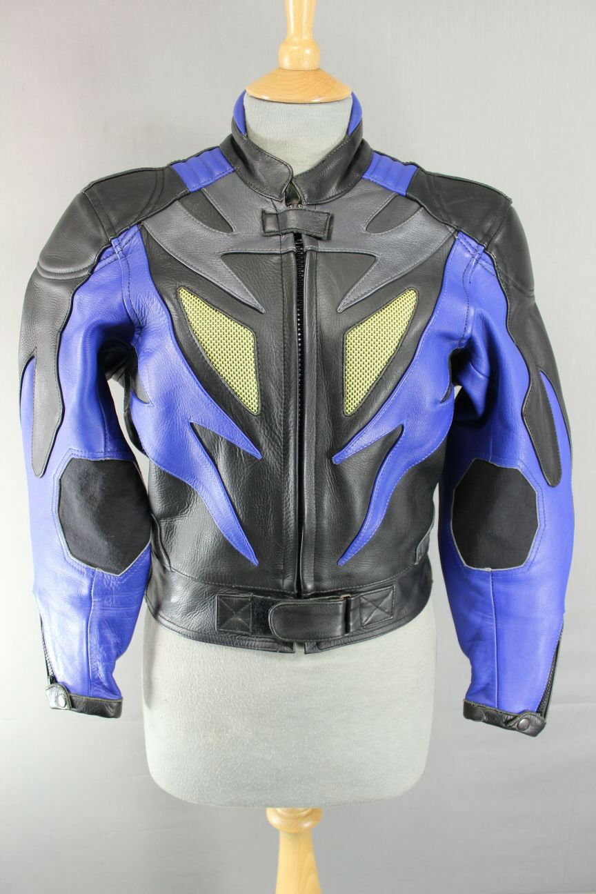 SUPERB  J&S BLACK, BLUE & SILVER LEATHER BIKER JACKET SIZE 10