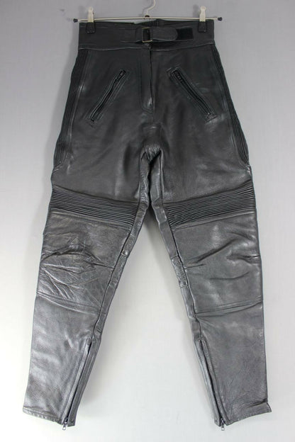 PROTO BLACK COWHIDE LEATHER BIKER TROUSERS SIZE 12: WAIST 28 IN/INSIDE LEG 29 IN