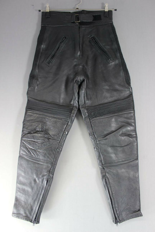 PROTO BLACK COWHIDE LEATHER BIKER TROUSERS SIZE 12: WAIST 28 IN/INSIDE LEG 29 IN