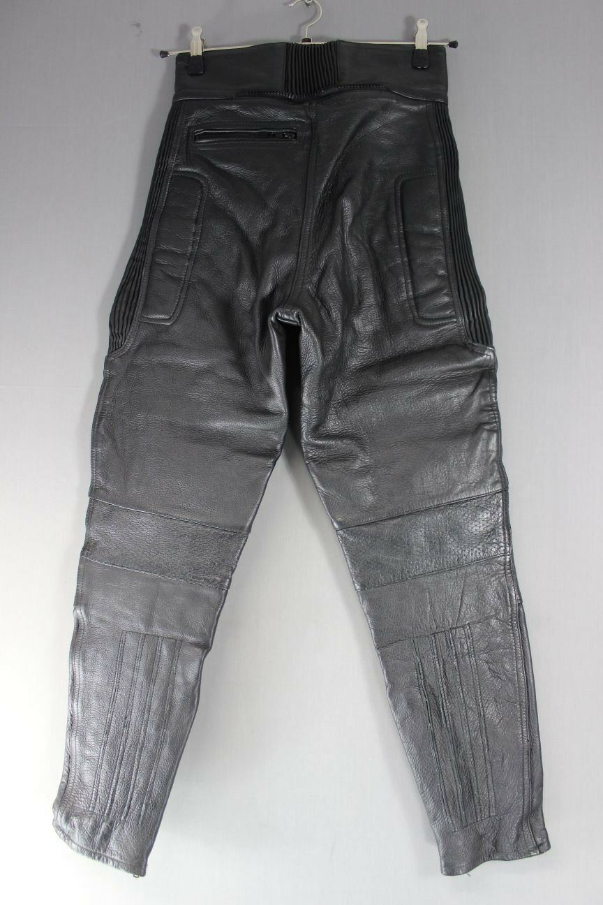 PROTO BLACK COWHIDE LEATHER BIKER TROUSERS SIZE 12: WAIST 28 IN/INSIDE LEG 29 IN