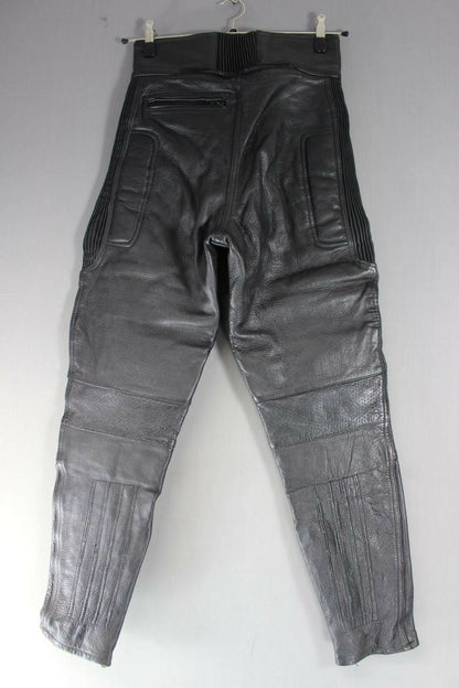 PROTO BLACK COWHIDE LEATHER BIKER TROUSERS SIZE 12: WAIST 28 IN/INSIDE LEG 29 IN