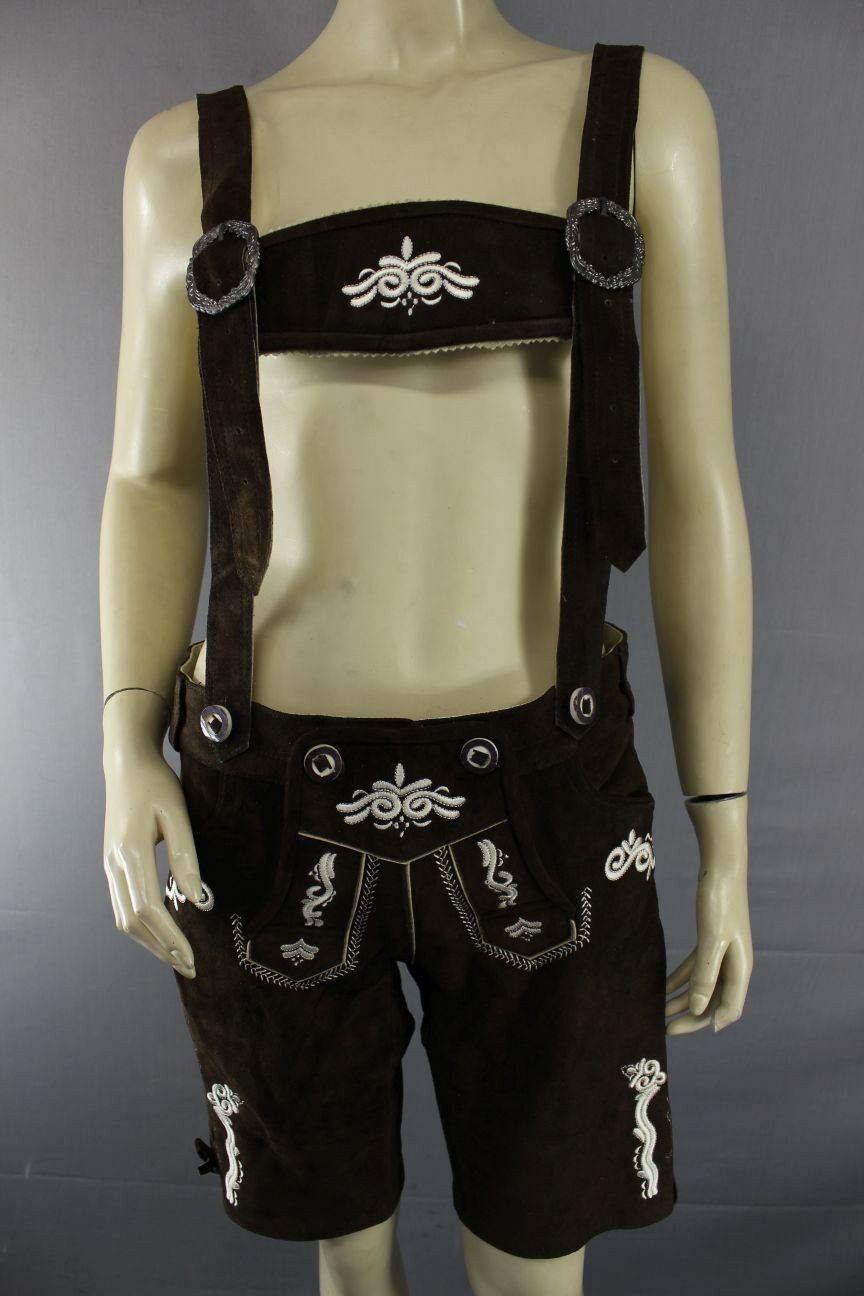 WOMENS GERMAN BAVARIAN OKTOBERFEST EMBROIDERED DK BROWN SUEDE LEATHER LEDERHOSEN