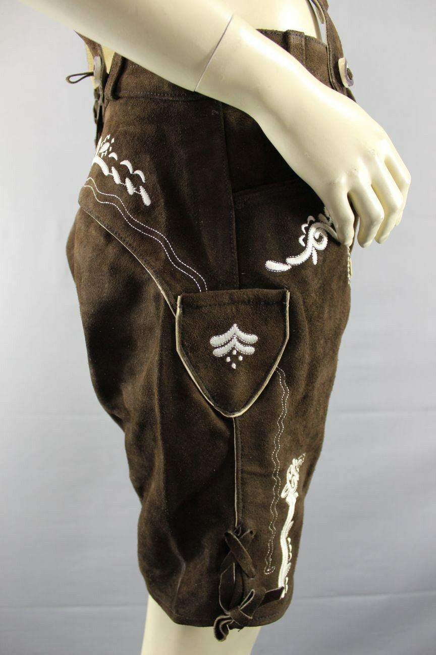 WOMENS GERMAN BAVARIAN OKTOBERFEST EMBROIDERED DK BROWN SUEDE LEATHER LEDERHOSEN