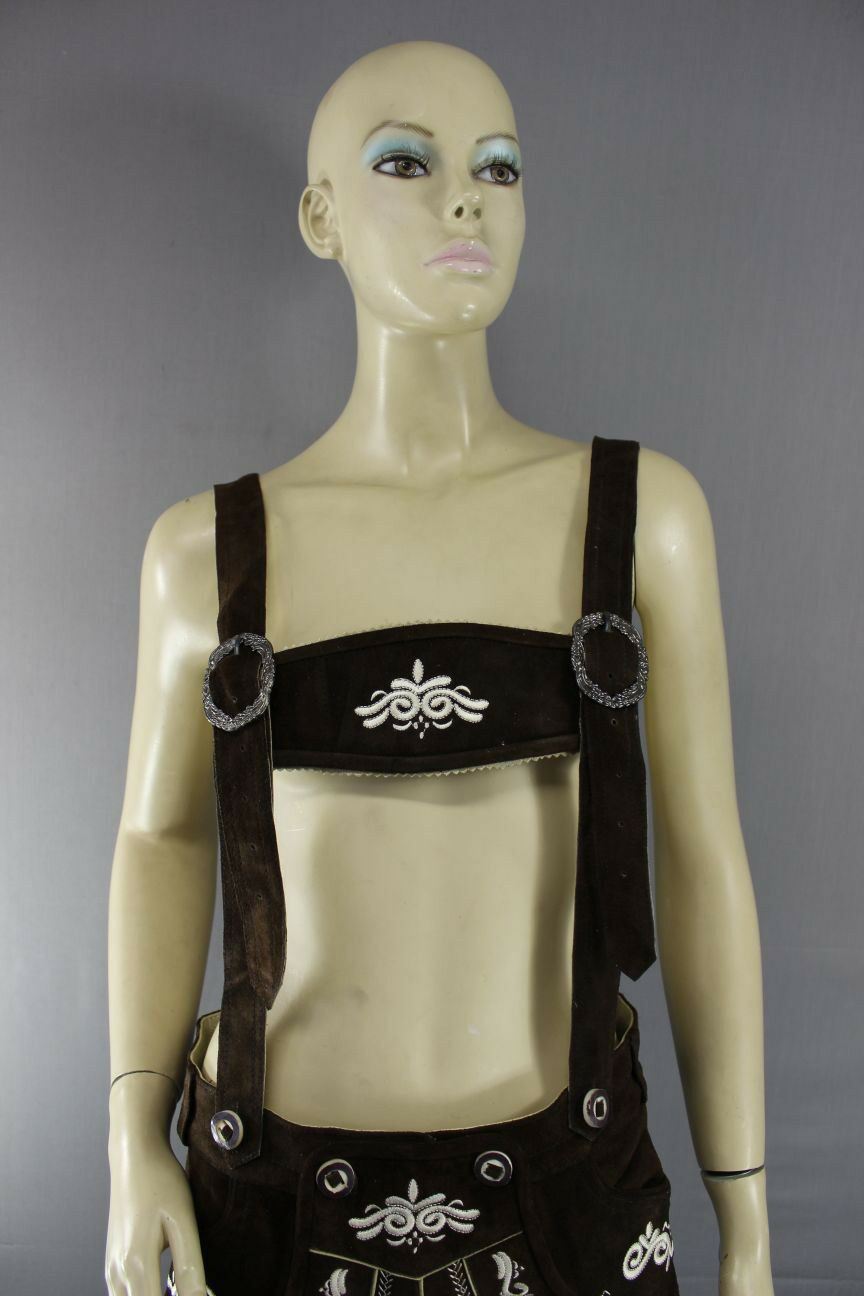 WOMENS GERMAN BAVARIAN OKTOBERFEST EMBROIDERED DK BROWN SUEDE LEATHER LEDERHOSEN