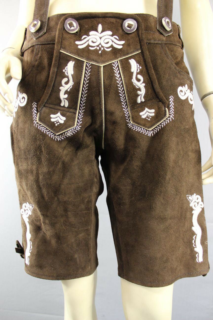 WOMENS GERMAN BAVARIAN OKTOBERFEST EMBROIDERED DK BROWN SUEDE LEATHER LEDERHOSEN
