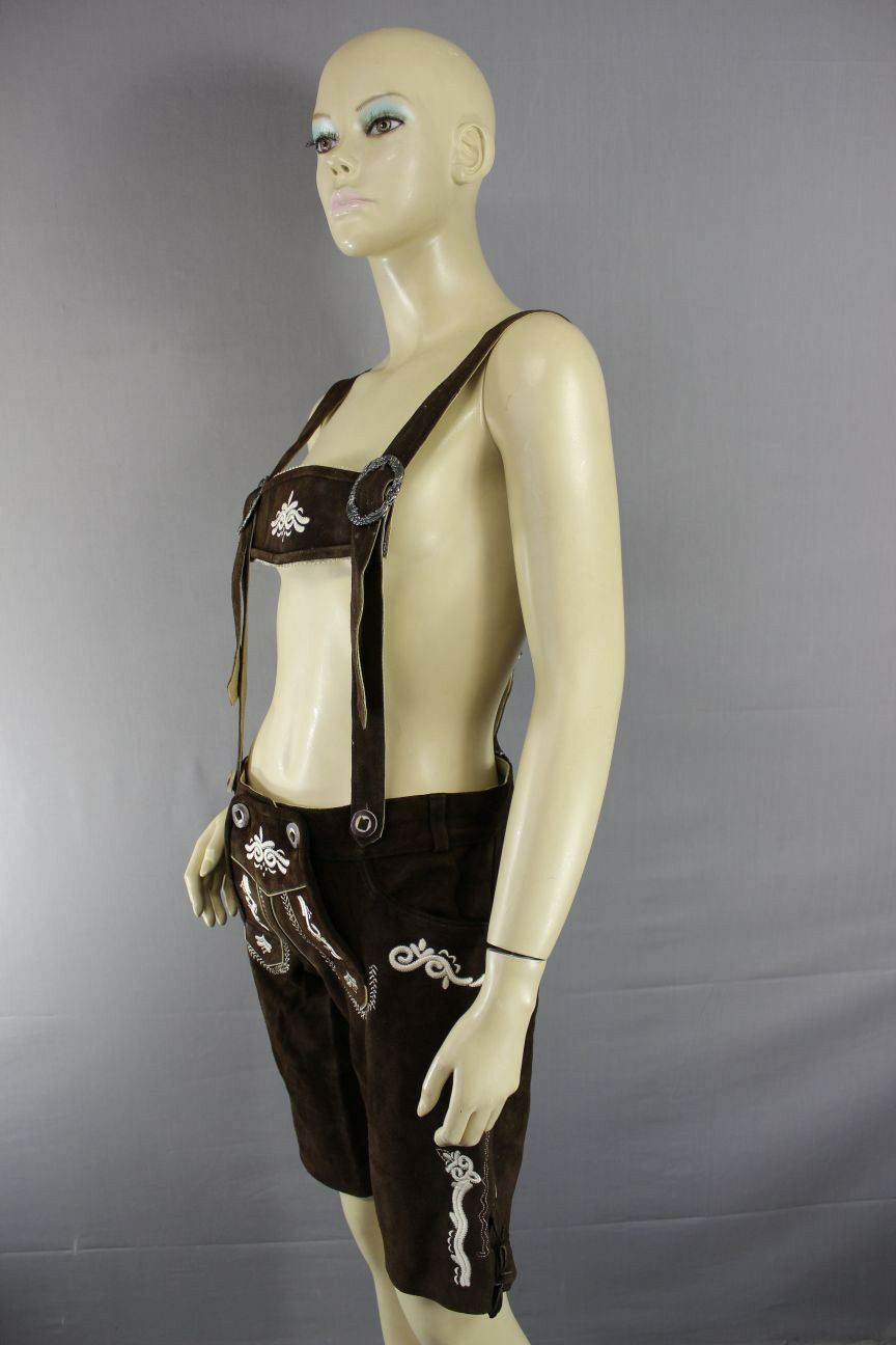 WOMENS GERMAN BAVARIAN OKTOBERFEST EMBROIDERED DK BROWN SUEDE LEATHER LEDERHOSEN
