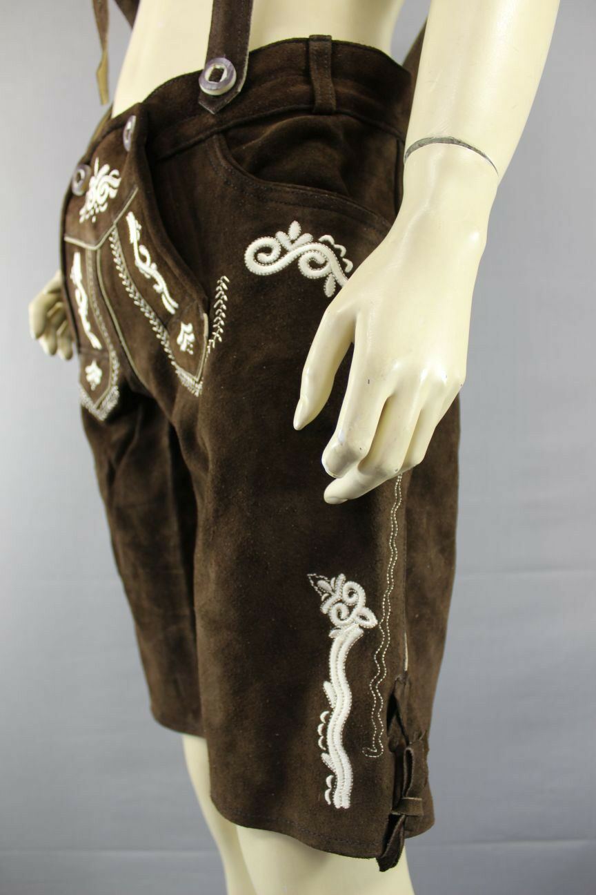 WOMENS GERMAN BAVARIAN OKTOBERFEST EMBROIDERED DK BROWN SUEDE LEATHER LEDERHOSEN