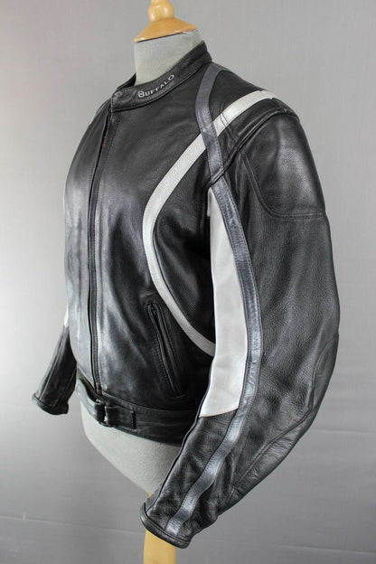 CLASSIC BUFFALO BLACK, SILVER & GREY LEATHER BIKER JACKET 38 INCH