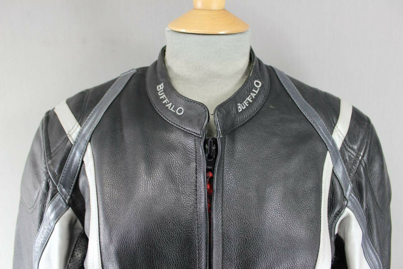 CLASSIC BUFFALO BLACK, SILVER & GREY LEATHER BIKER JACKET 38 INCH