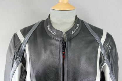 CLASSIC BUFFALO BLACK, SILVER & GREY LEATHER BIKER JACKET 38 INCH