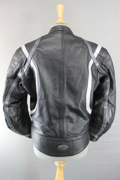 CLASSIC BUFFALO BLACK, SILVER & GREY LEATHER BIKER JACKET 38 INCH