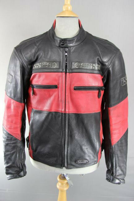 IXS BLACK & RED LEATHER BIKER JACKET WITH REMOVABLE CE PROTECTORS 40 INCH