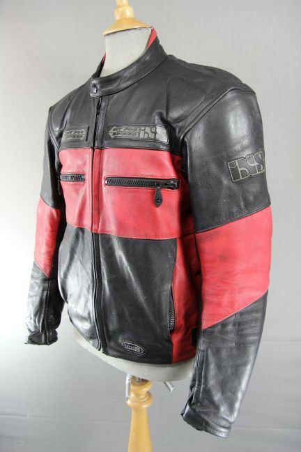 IXS BLACK & RED LEATHER BIKER JACKET WITH REMOVABLE CE PROTECTORS 40 INCH
