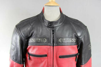 IXS BLACK & RED LEATHER BIKER JACKET WITH REMOVABLE CE PROTECTORS 40 INCH