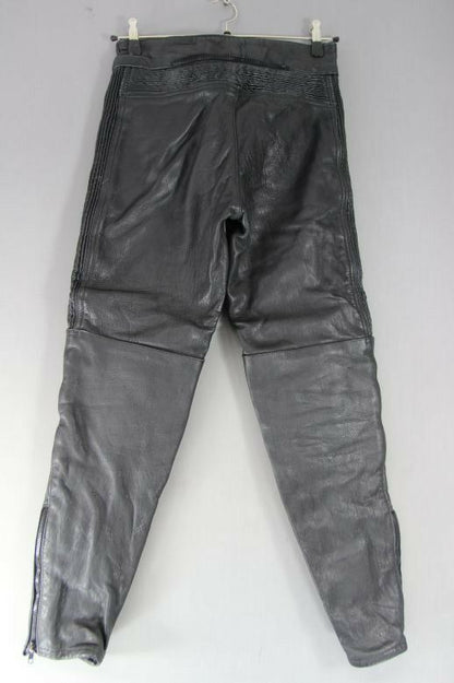 KETT BY LINTEK GLEAVE BLACK LEATHER BIKER TROUSERS: WAIST 30 IN/INSIDE LEG 31 IN