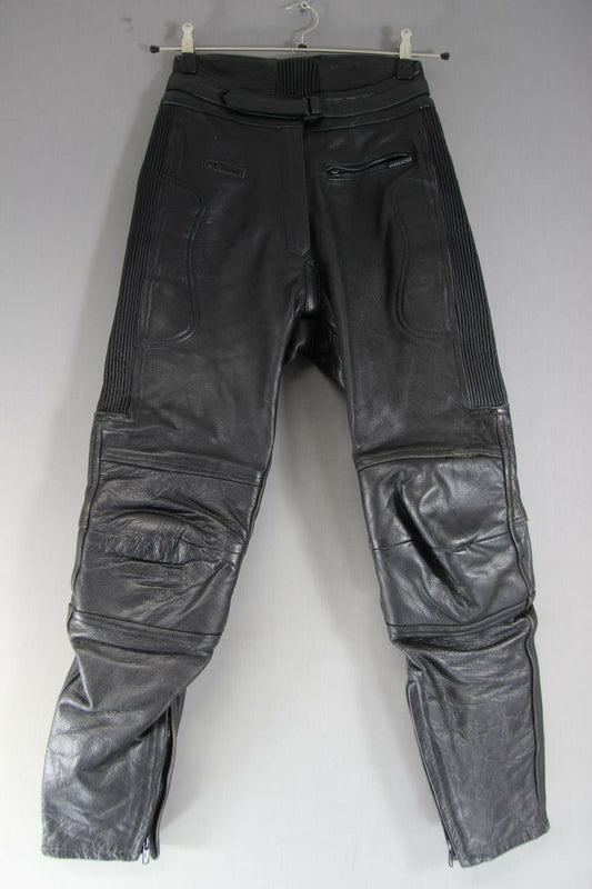 RIOSSI BLACK COWHIDE LEATHER BIKER TROUSERS: WAIST 26 INCH/INSIDE LEG 28 INCH