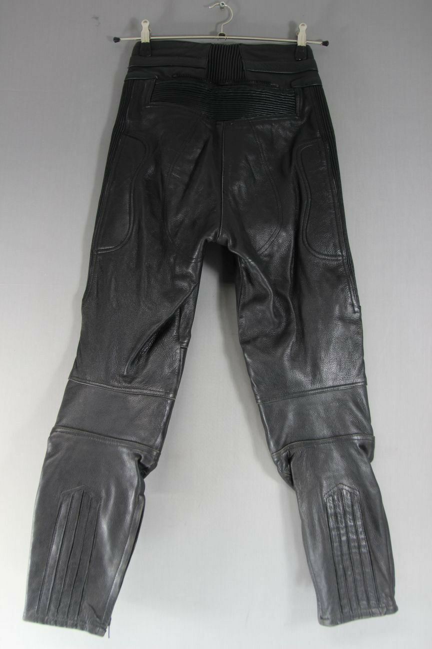 RIOSSI BLACK COWHIDE LEATHER BIKER TROUSERS: WAIST 26 INCH/INSIDE LEG 28 INCH
