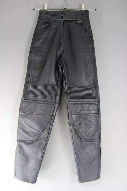 BRITISH MADE GEAR BLACK LEATHER BIKER TROUSERS SIZE 10: WAIST 26"/INSIDE LEG 28"