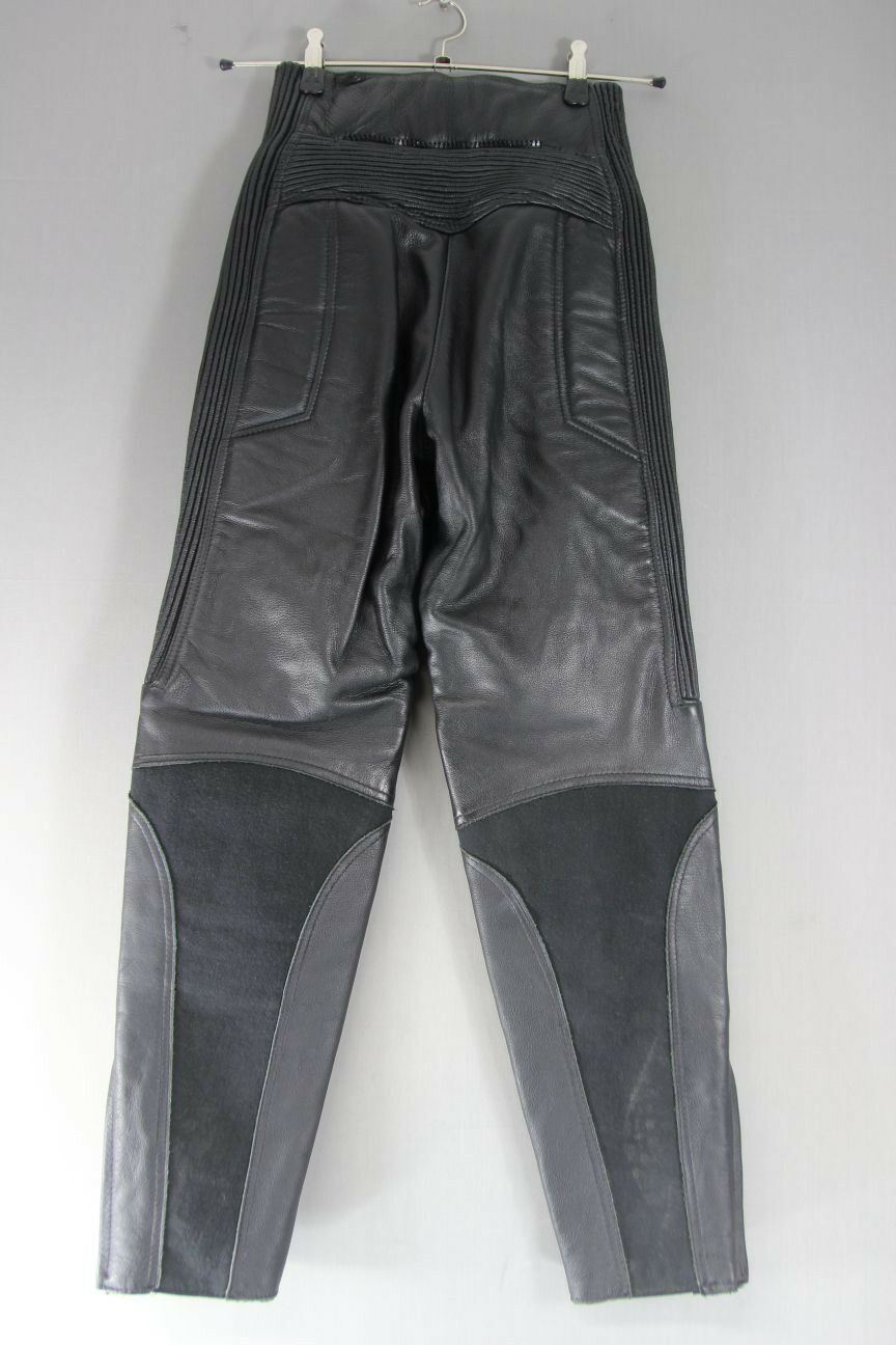 BRITISH MADE GEAR BLACK LEATHER BIKER TROUSERS SIZE 10: WAIST 26"/INSIDE LEG 28"