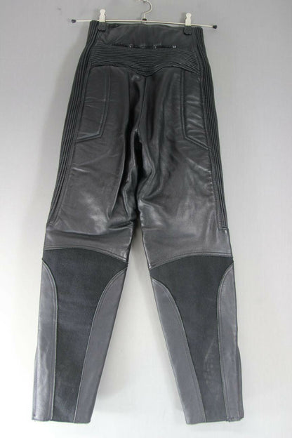 BRITISH MADE GEAR BLACK LEATHER BIKER TROUSERS SIZE 10: WAIST 26"/INSIDE LEG 28"