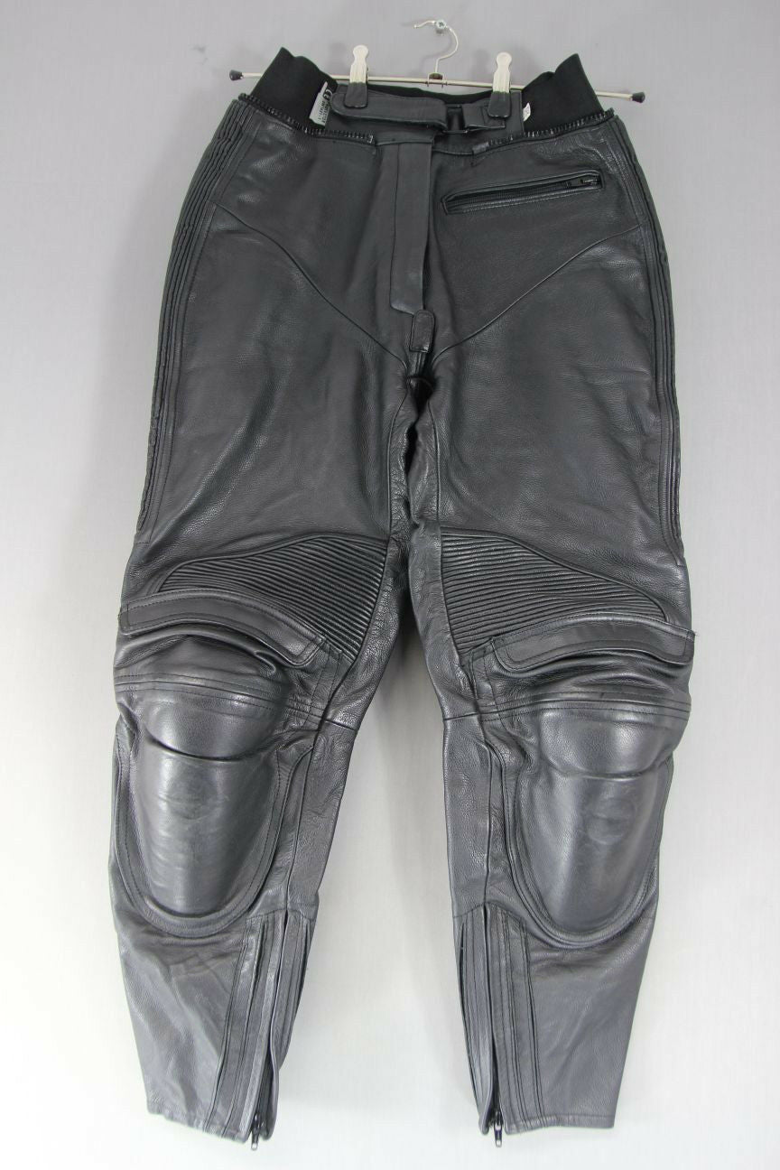 IXS BLACK LEATHER BIKER TROUSERS WITH REMOVABLE CE PROTECTORS:WAIST 28/I LEG 27"