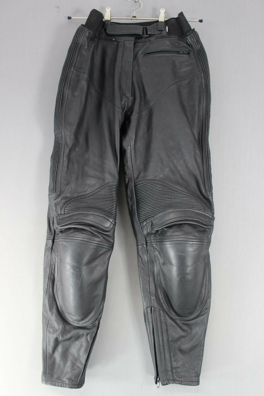 IXS BLACK LEATHER BIKER TROUSERS + CE ARMOUR: WAIST 28 INCH/INSIDE LEG 30 INCH