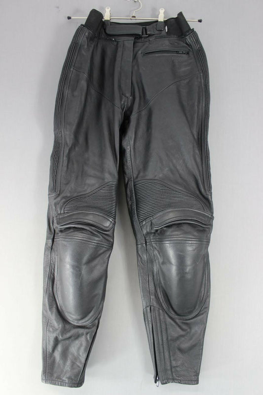 IXS BLACK LEATHER BIKER TROUSERS + CE ARMOUR: WAIST 28 INCH/INSIDE LEG 30 INCH