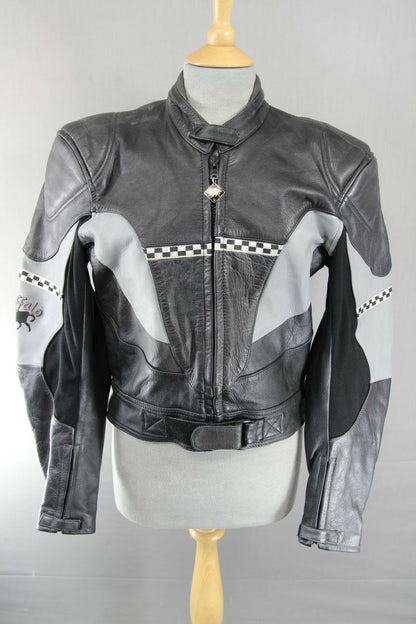 CLASSIC BUFFALO BLACK, SILVER & GREY LEATHER BIKER JACKET SIZE 12