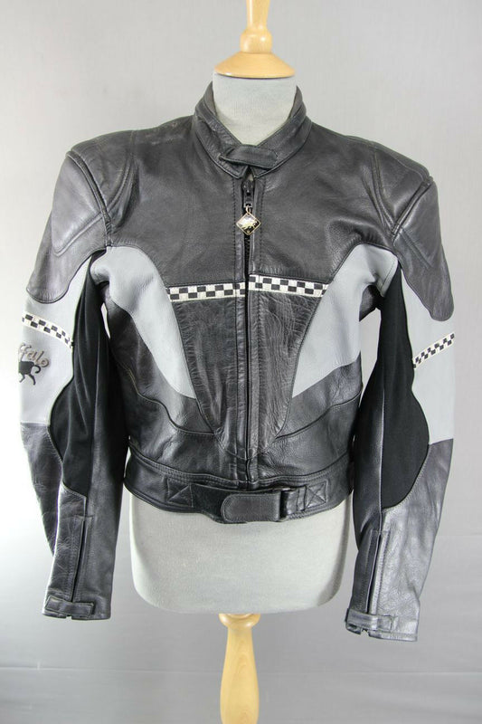 CLASSIC BUFFALO BLACK, SILVER & GREY LEATHER BIKER JACKET SIZE 12