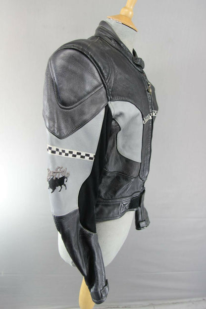 CLASSIC BUFFALO BLACK, SILVER & GREY LEATHER BIKER JACKET SIZE 12