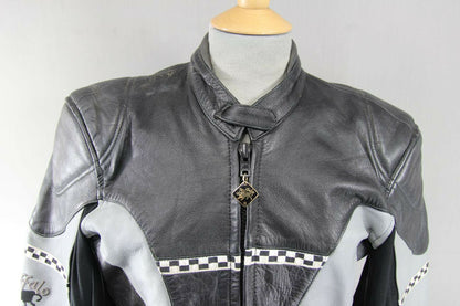 CLASSIC BUFFALO BLACK, SILVER & GREY LEATHER BIKER JACKET SIZE 12