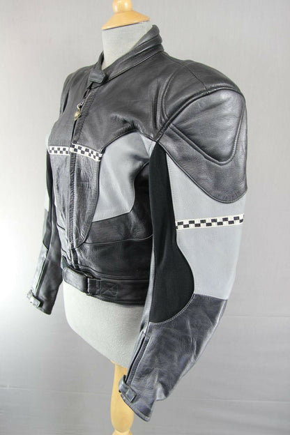 CLASSIC BUFFALO BLACK, SILVER & GREY LEATHER BIKER JACKET SIZE 12