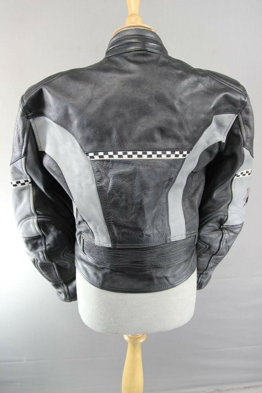 CLASSIC BUFFALO BLACK, SILVER & GREY LEATHER BIKER JACKET SIZE 12