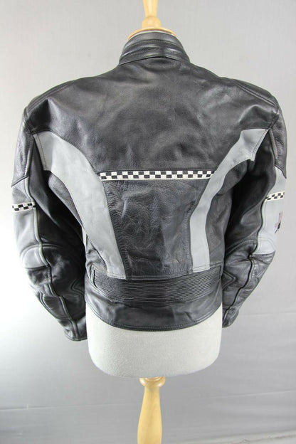CLASSIC BUFFALO BLACK, SILVER & GREY LEATHER BIKER JACKET SIZE 12