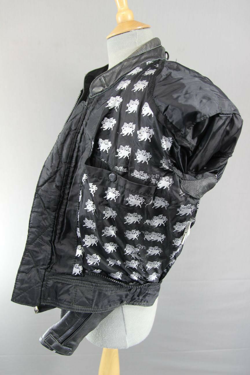 CLASSIC BUFFALO BLACK, SILVER & GREY LEATHER BIKER JACKET SIZE 12